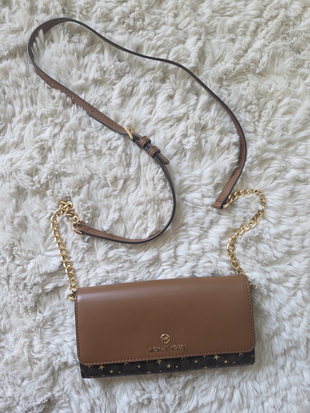 Michael Kors Brown and Star-Print Leather Crossbody Wallet